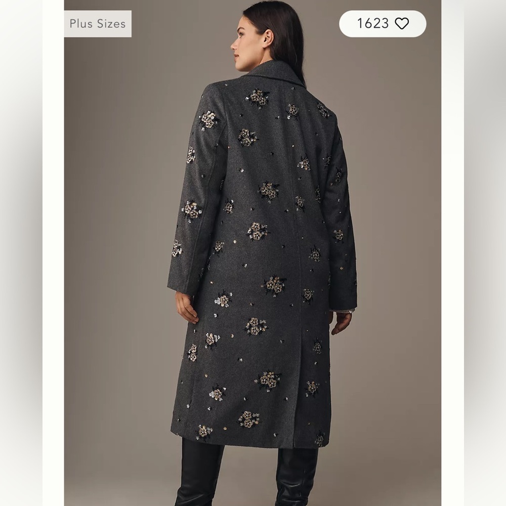 Anthropologie Gray Floral Embroidered Elegant Long Coat🖤🩶 - Picture 6 of 15